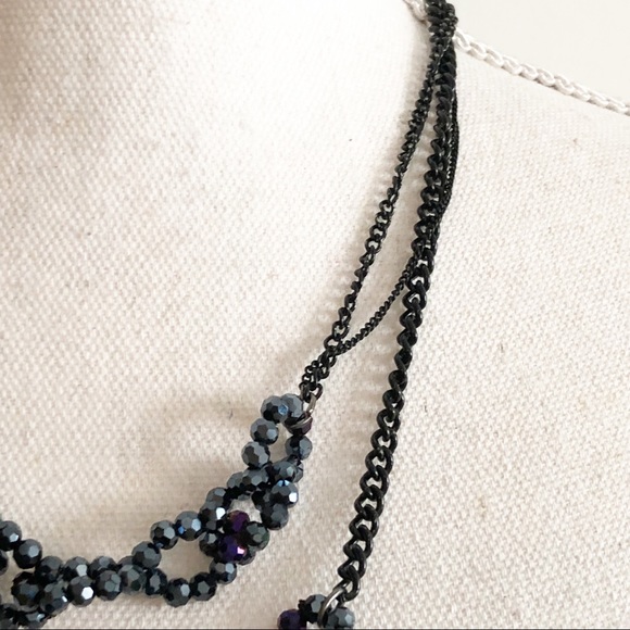 Navy Blue Jewel Beaded Double Layered Necklace with Gun Metal Chain - Picture 6 of 12
